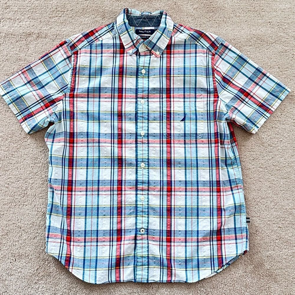 Nautica Mens Short Sleeve Button-down Plaid Shirt, Classic Fit, Size M